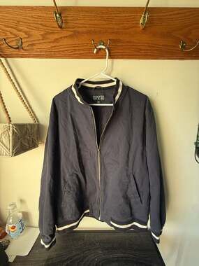 Vintage Style Navy Varsity Bomber Jacket Striped Ribbed Trim Zip Up Jacket XL